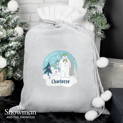 Personalised The Snowman and the Snowdog Luxury Silver Grey Pom Pom Sack