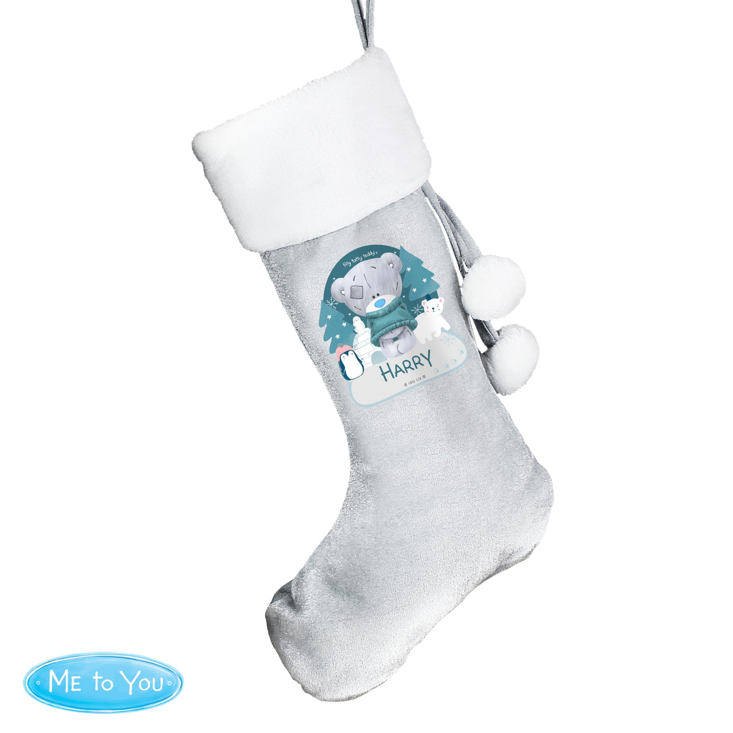 Personalised Christmas Tiny Tatty Teddy Silver Grey Stocking