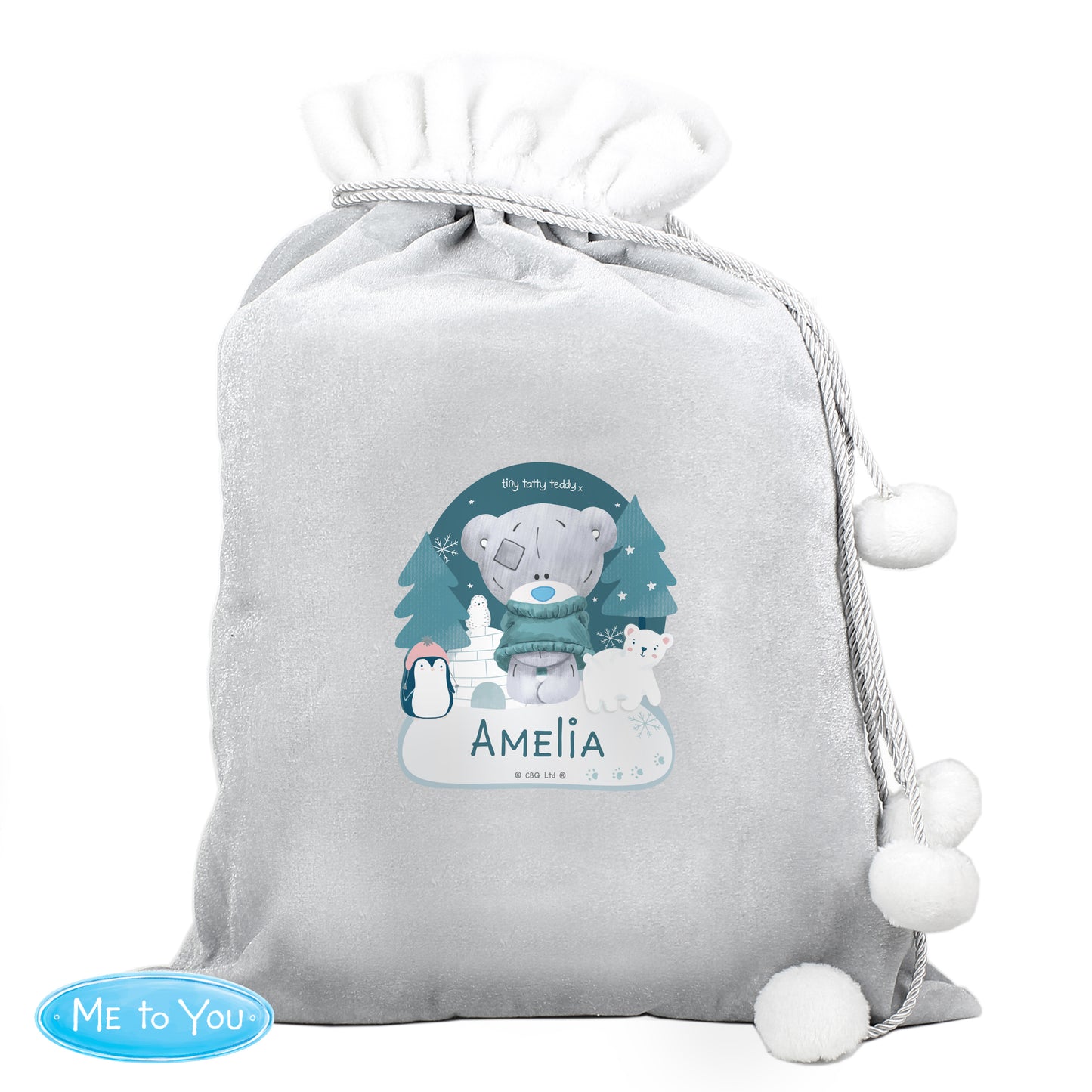 Personalised Winter Explorer Tiny Tatty Teddy Luxury Silver Grey Pom Pom Sack