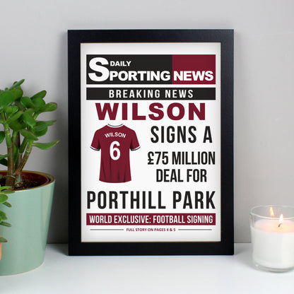 Personalised Football Signing Newspaper A4 Black Framed Print