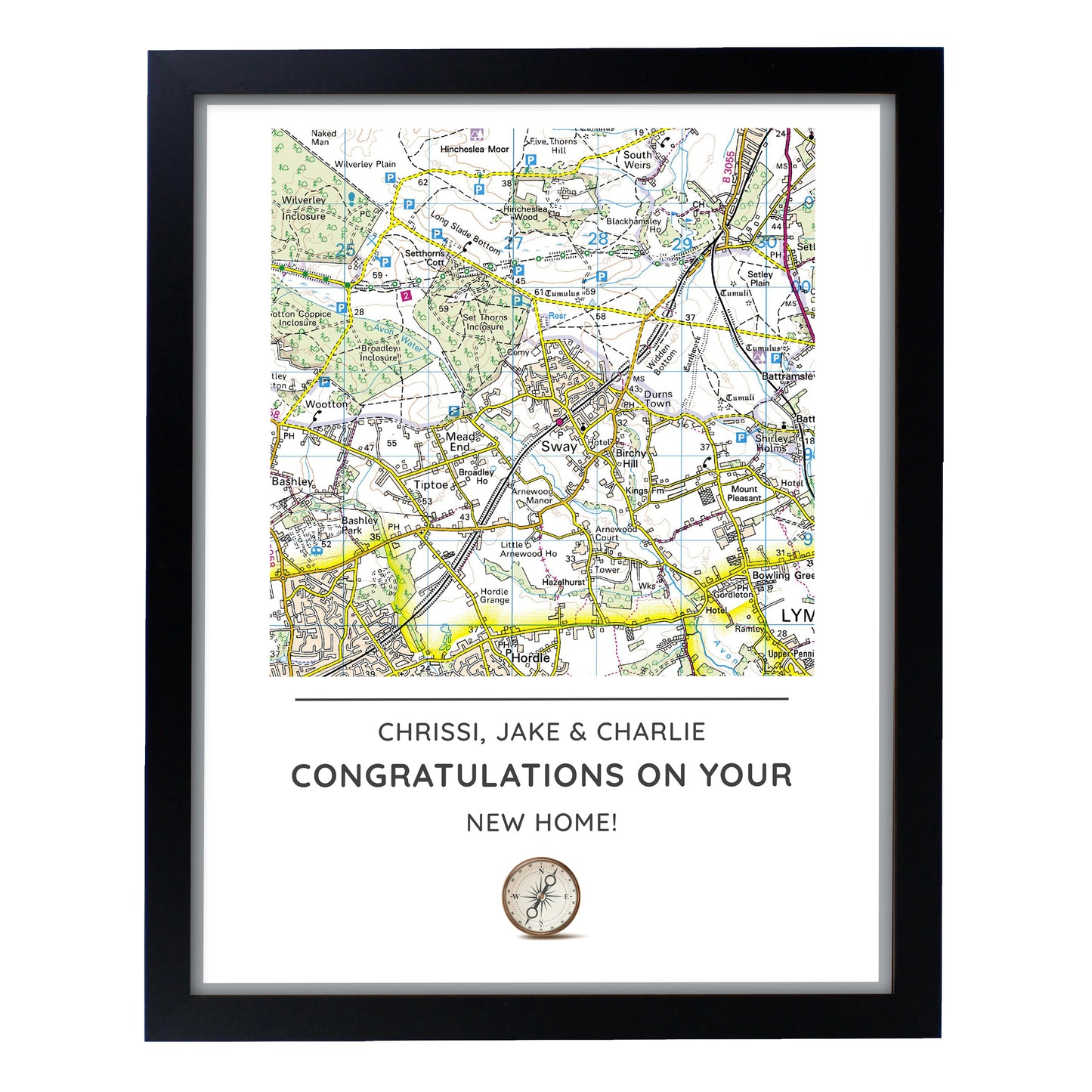 Personalised Present Day Map Compass Black Framed Print