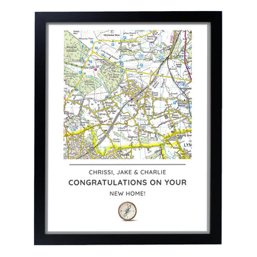 Personalised Present Day Map Compass Black Framed Print