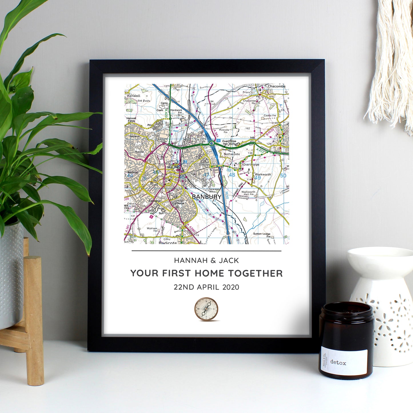 Personalised Present Day Map Compass Black Framed Print