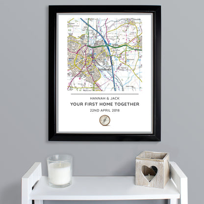 Personalised Present Day Map Compass Black Framed Print