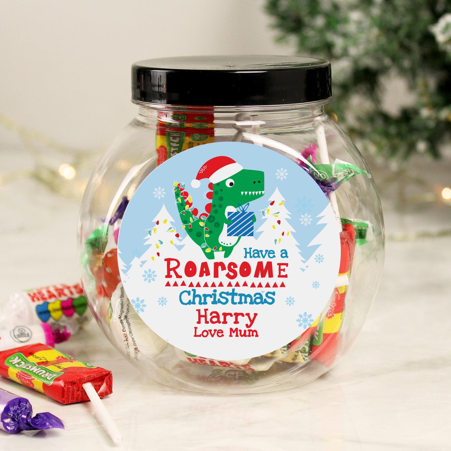 Personalised Dinosaur 'Have a Roarsome Christmas' Sweet Jar