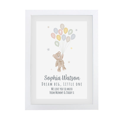 Personalised Teddy & Balloons A4 White Framed Print