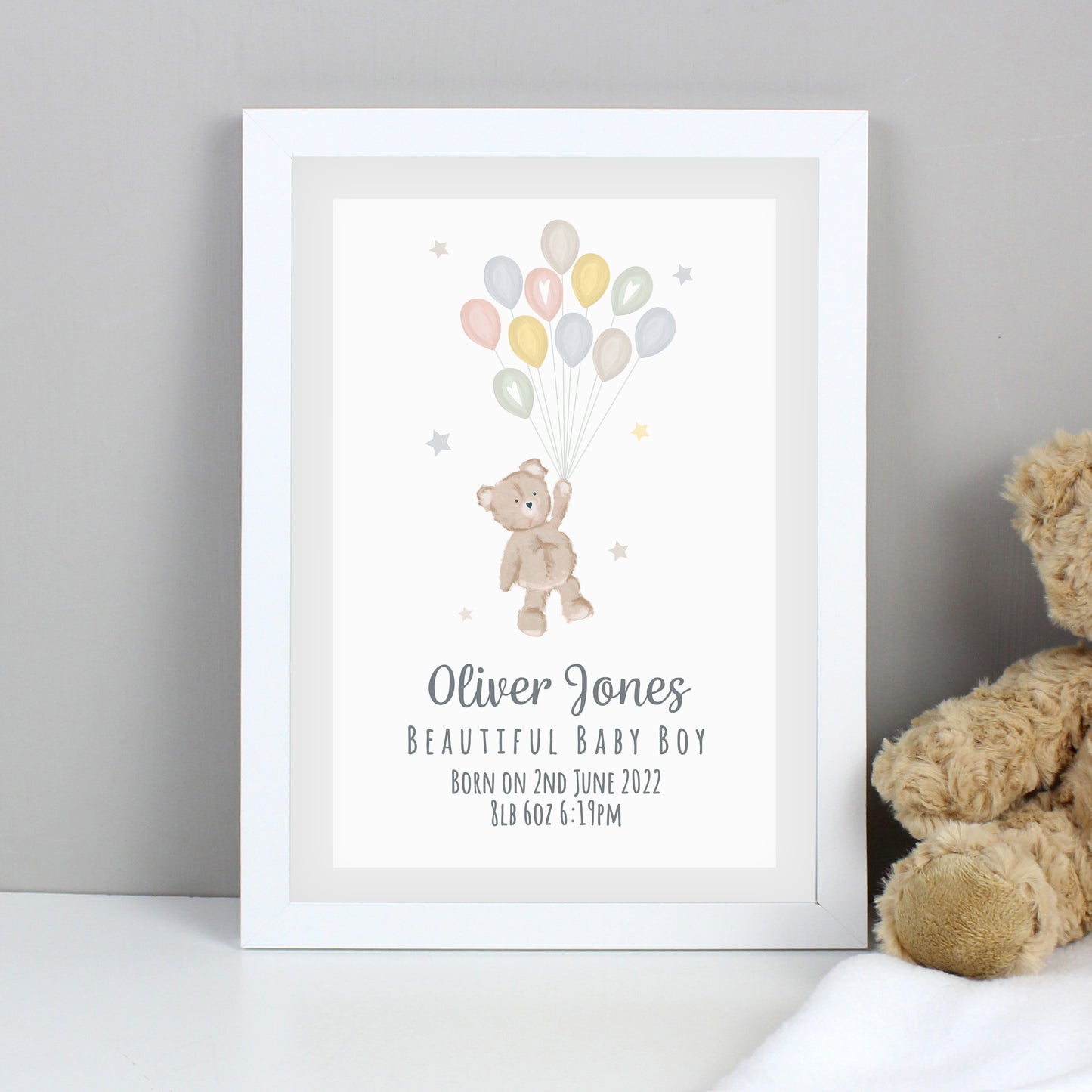 Personalised Teddy & Balloons A4 White Framed Print