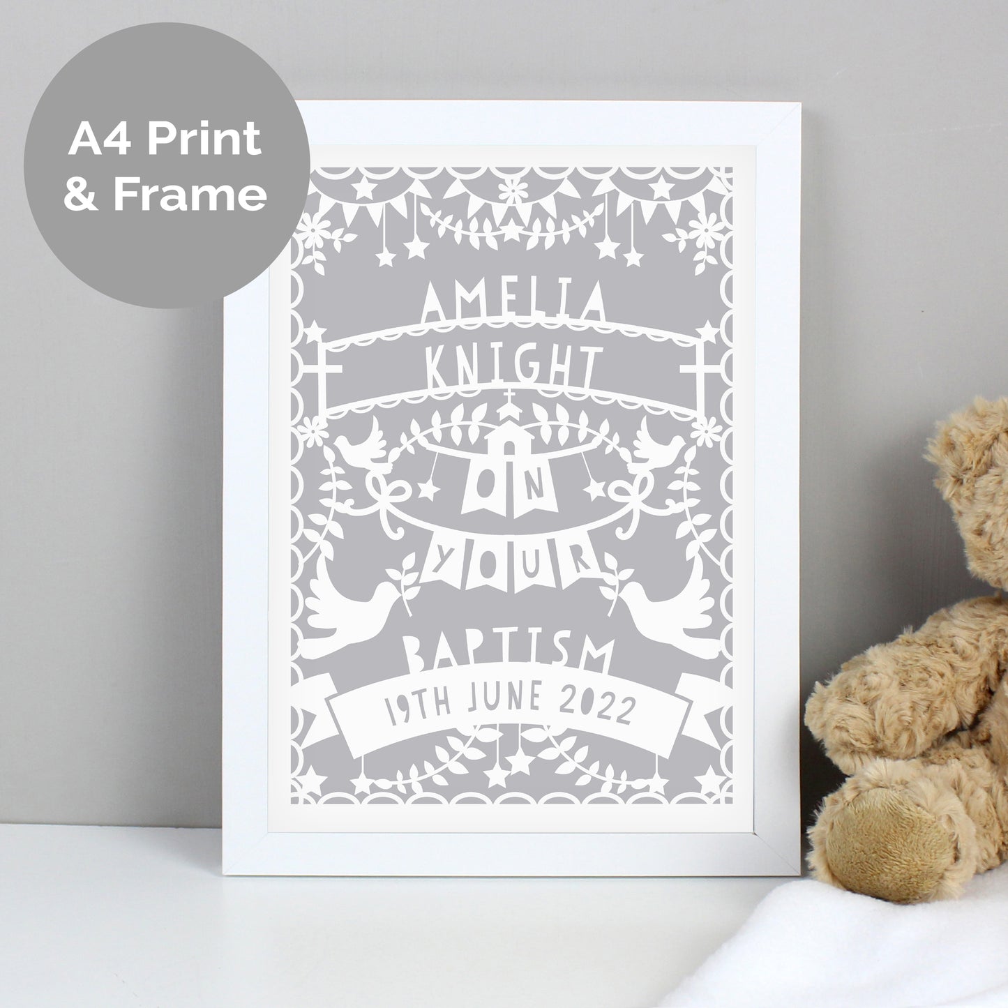 Personalised Grey Papercut Style A4 White Framed Print