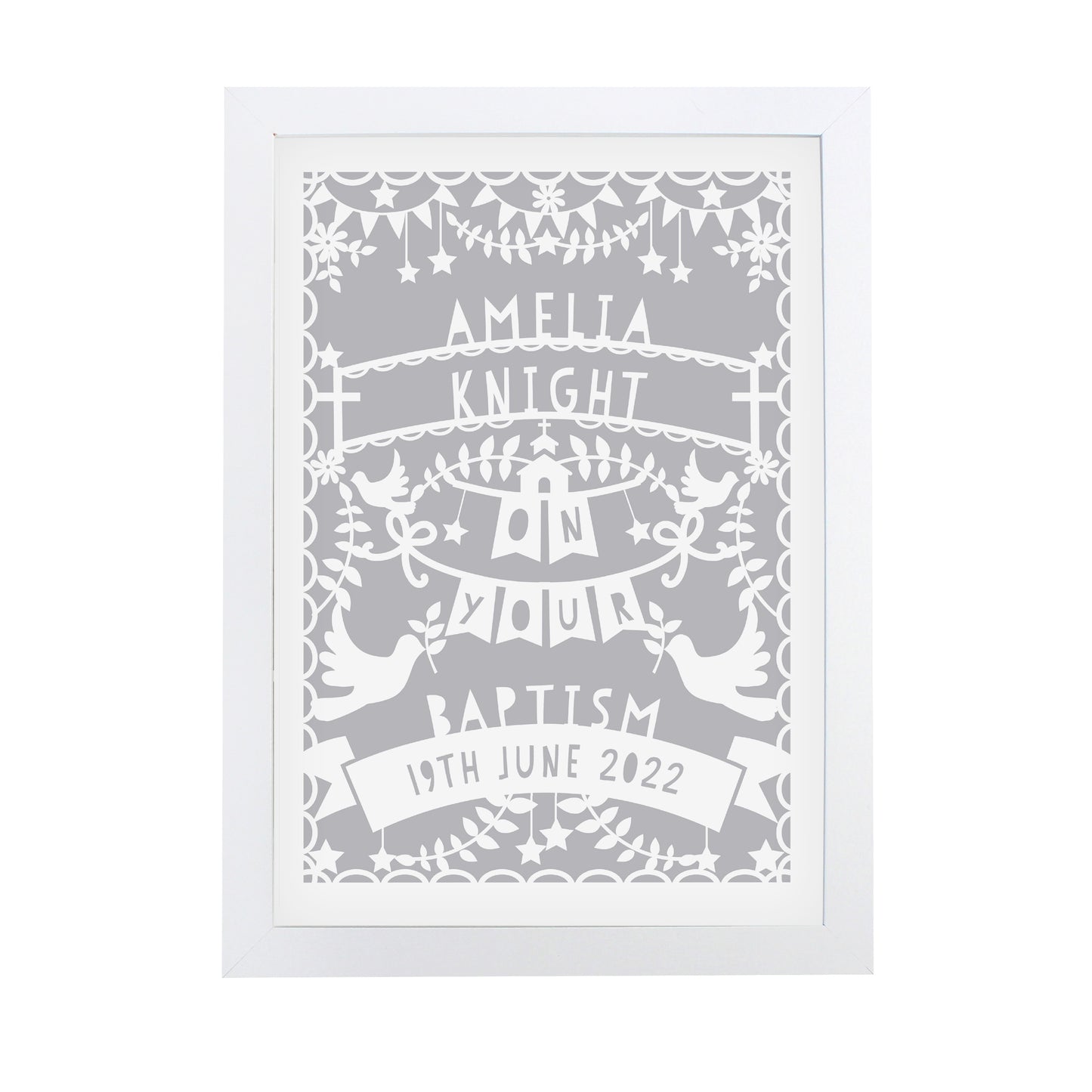 Personalised Grey Papercut Style A4 White Framed Print