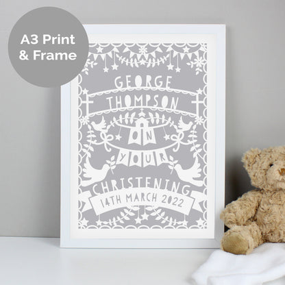 Personalised Grey Papercut Style A3 White Framed Print