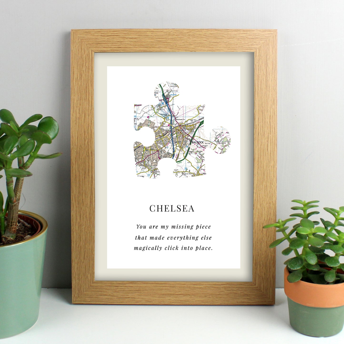 Personalised Present Day Map Puzzle Piece A4 Oak Framed Print