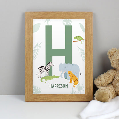 Personalised Safari Animals Initial A4 Oak Framed Print