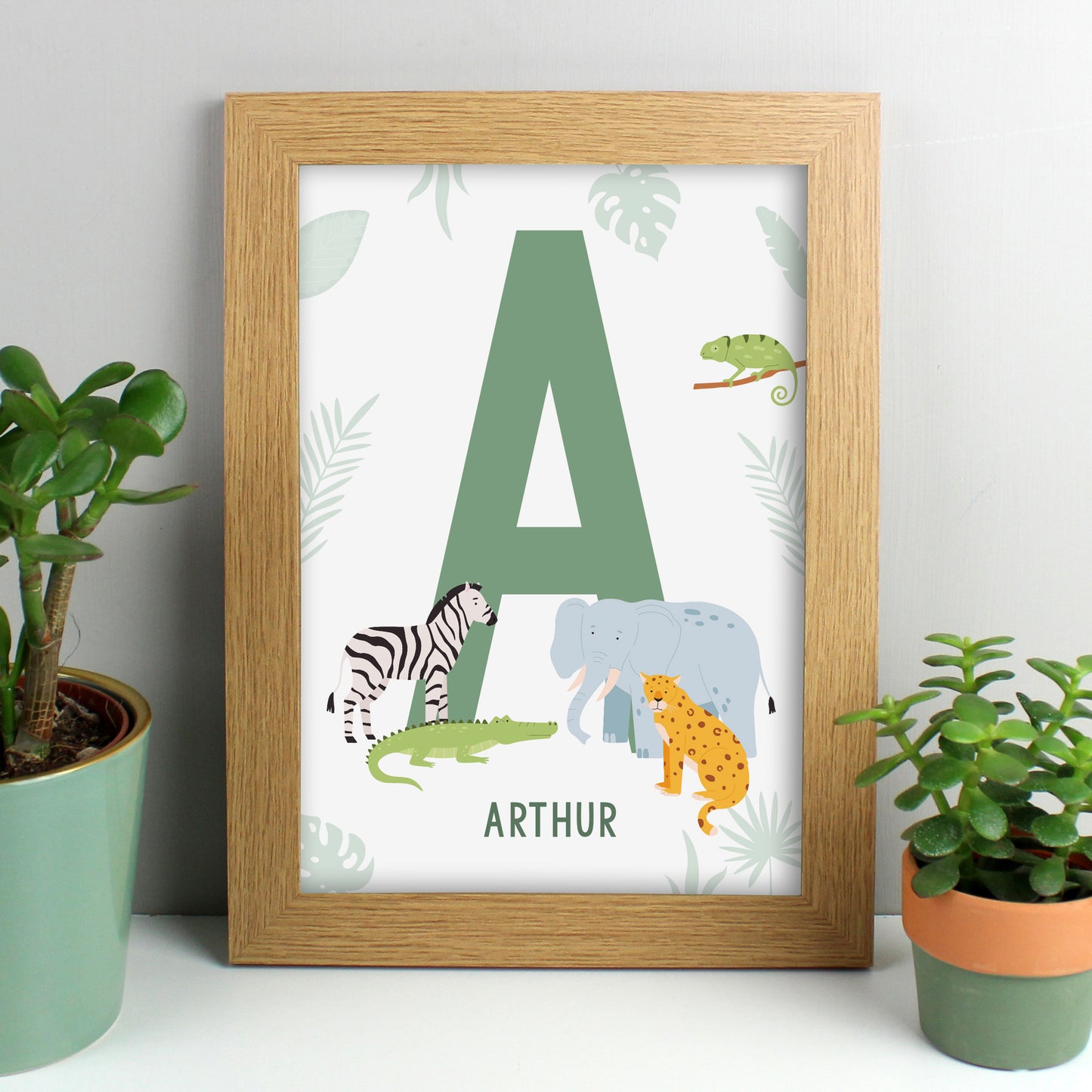 Personalised Safari Animals Initial A4 Oak Framed Print