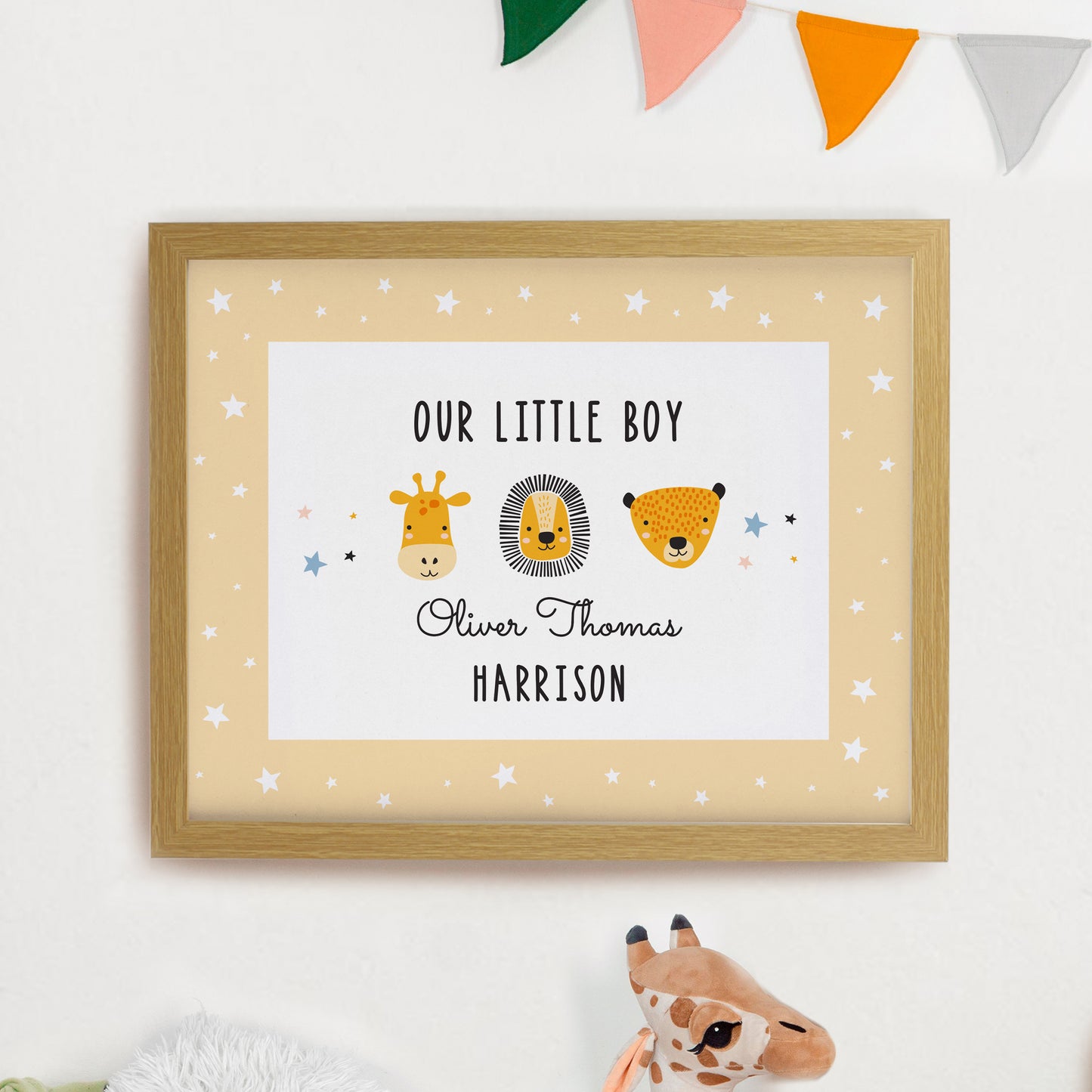 Personalised Safari Animals Oak Poster Frame