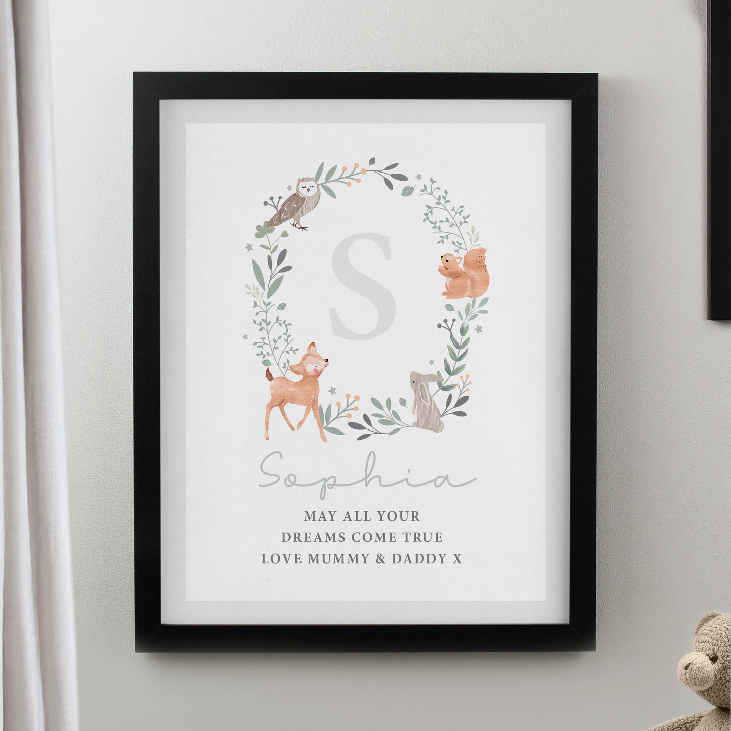 Personalised Woodland Initial Black Poster Frame