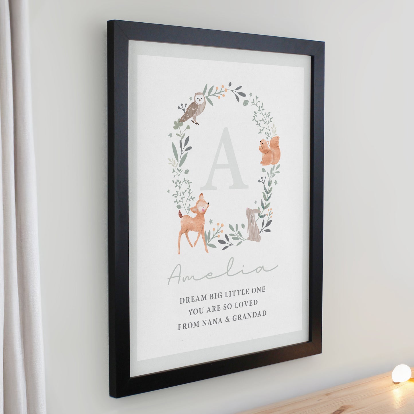 Personalised Woodland Initial Black Poster Frame