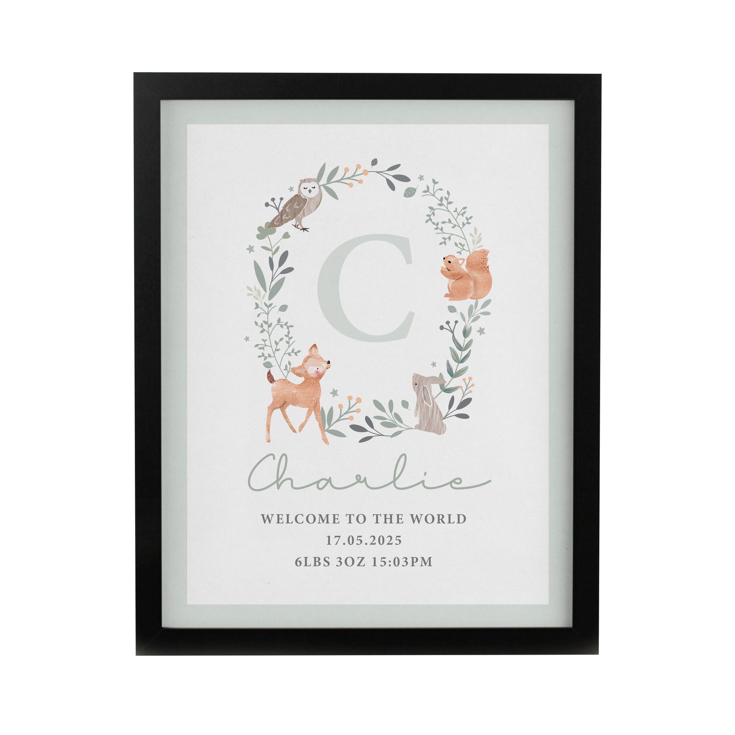 Personalised Woodland Initial Black Poster Frame