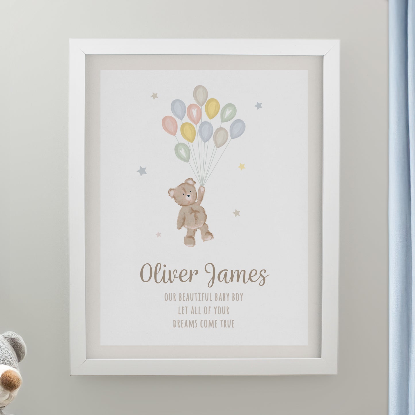 Personalised Teddy Balloon White Poster Frame