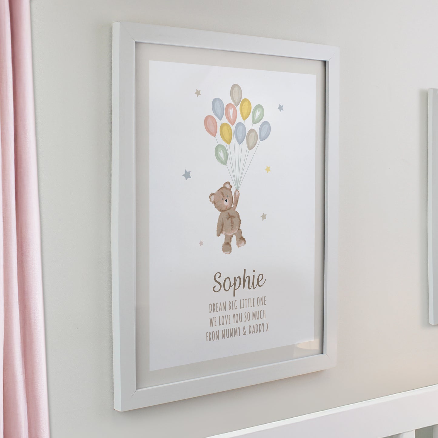 Personalised Teddy Balloon White Poster Frame