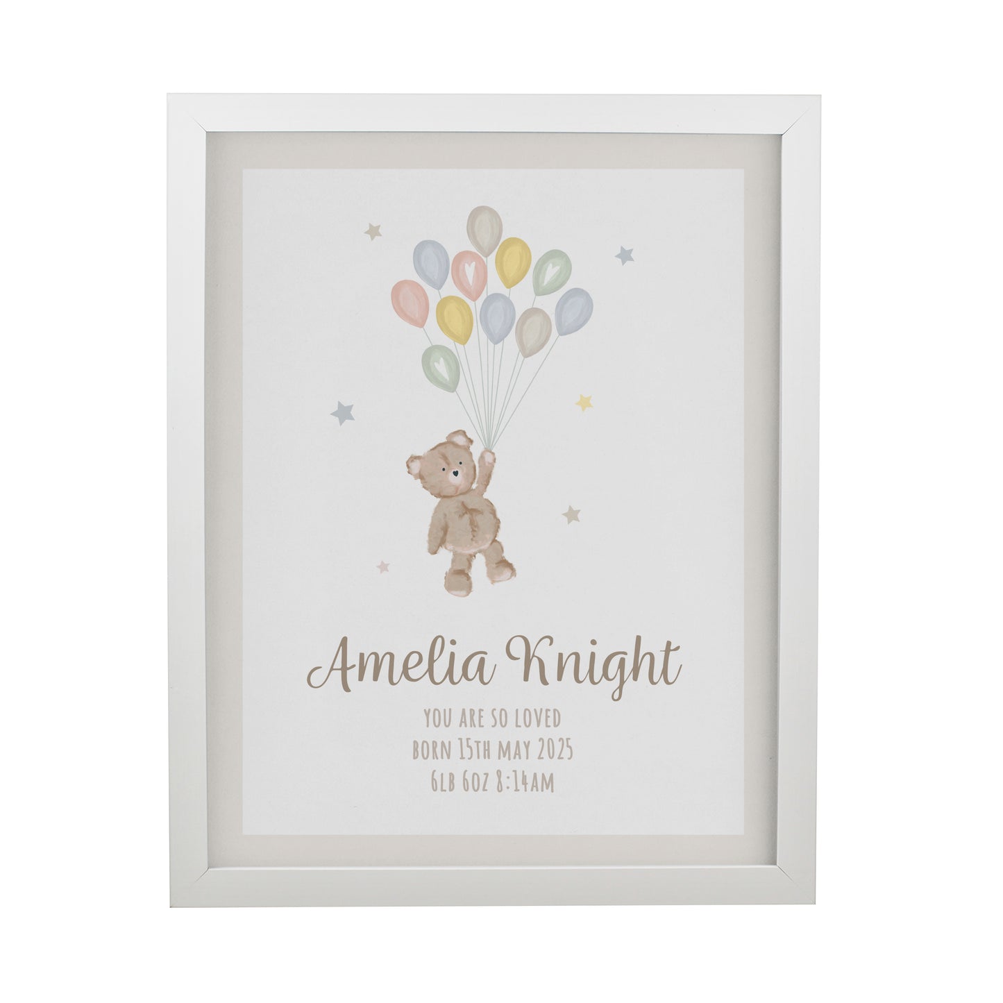 Personalised Teddy Balloon White Poster Frame