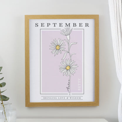 Personalised Birth Flower Oak Poster Frame