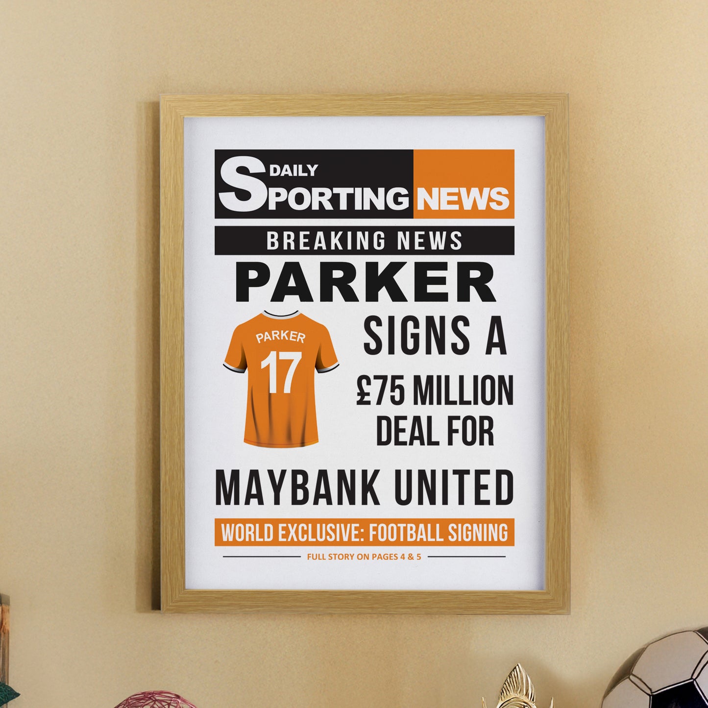 Personalised Football News Oak Poster Frame