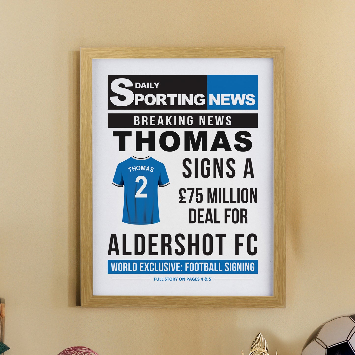 Personalised Football News Oak Poster Frame