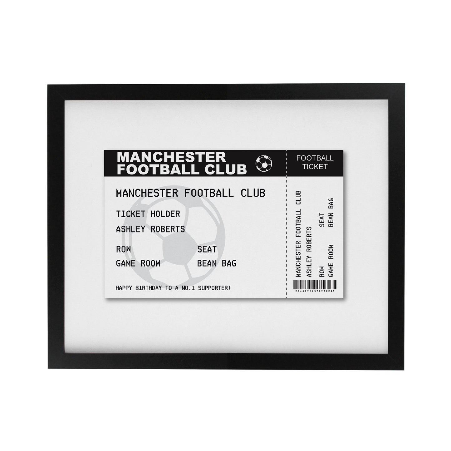 Personalised Football Ticket Black Poster Frame