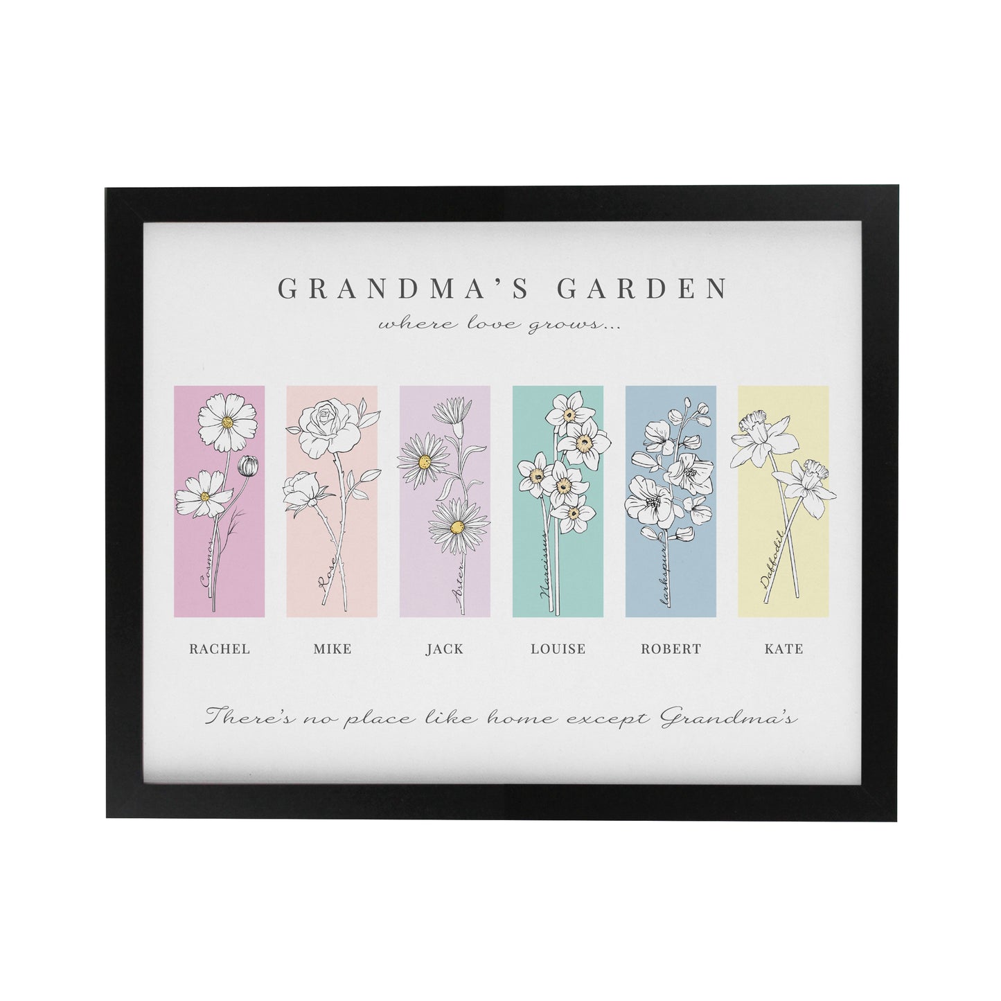 Personalised Birth Flower Family of 6 Black Framed Print