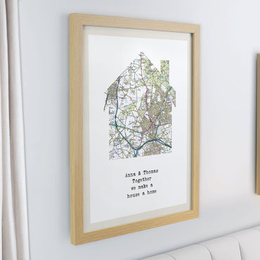 Personalised Present Day Map Home Oak Poster Frame