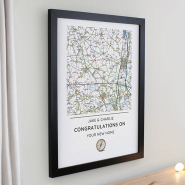 Personalised Present Day Map Compass Black Poster Frame