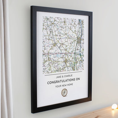 Personalised Present Day Map Compass Black Poster Frame