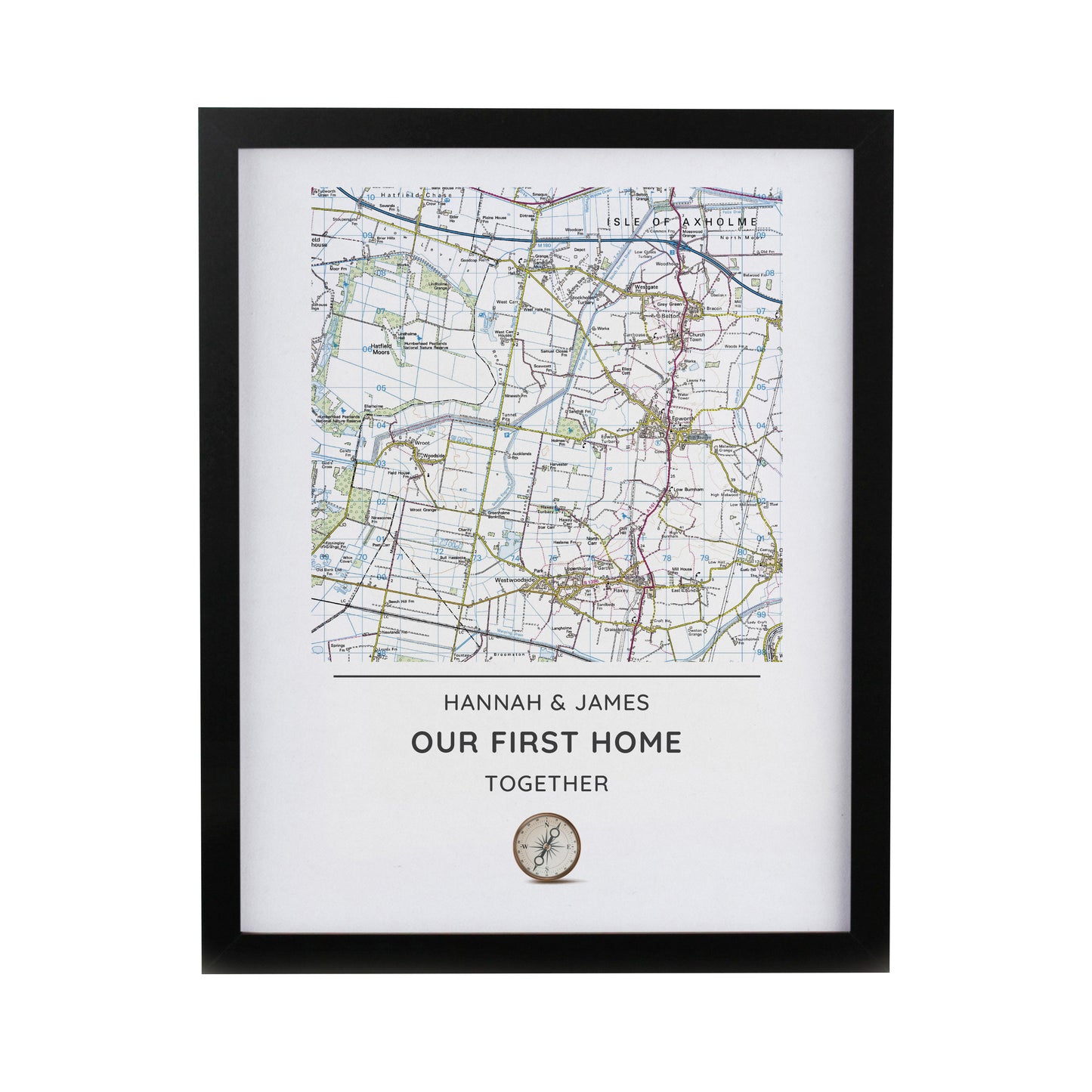 Personalised Present Day Map Compass Black Poster Frame