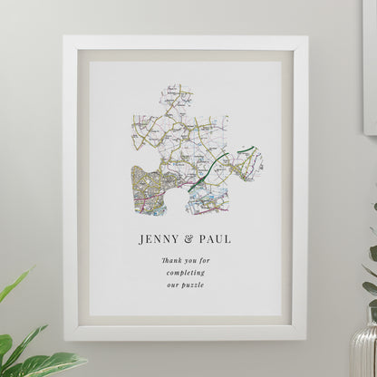 Personalised Present Day Map Puzzle Piece White Poster Frame