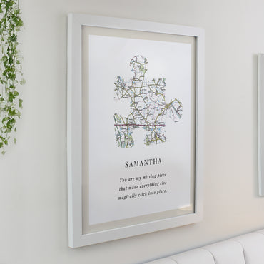 Personalised Present Day Map Puzzle Piece White Poster Frame