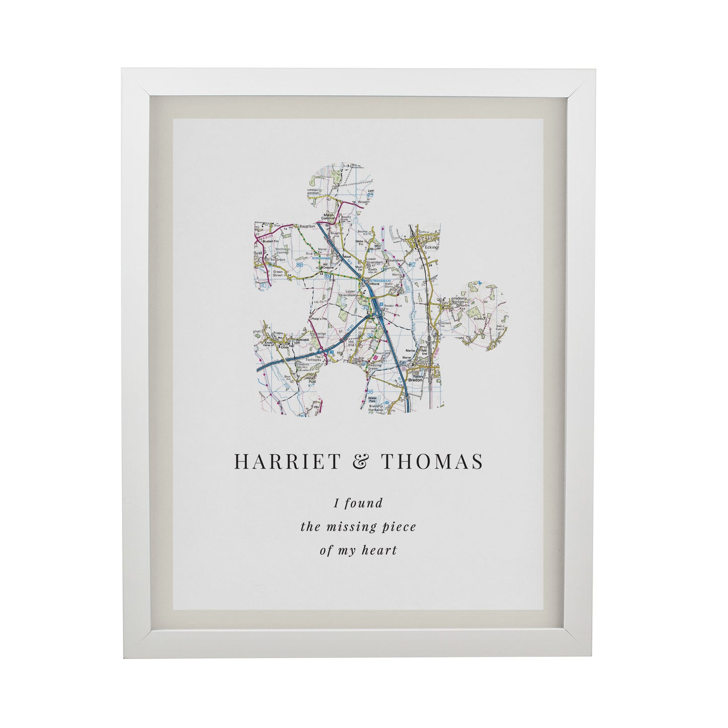 Personalised Present Day Map Puzzle Piece White Poster Frame