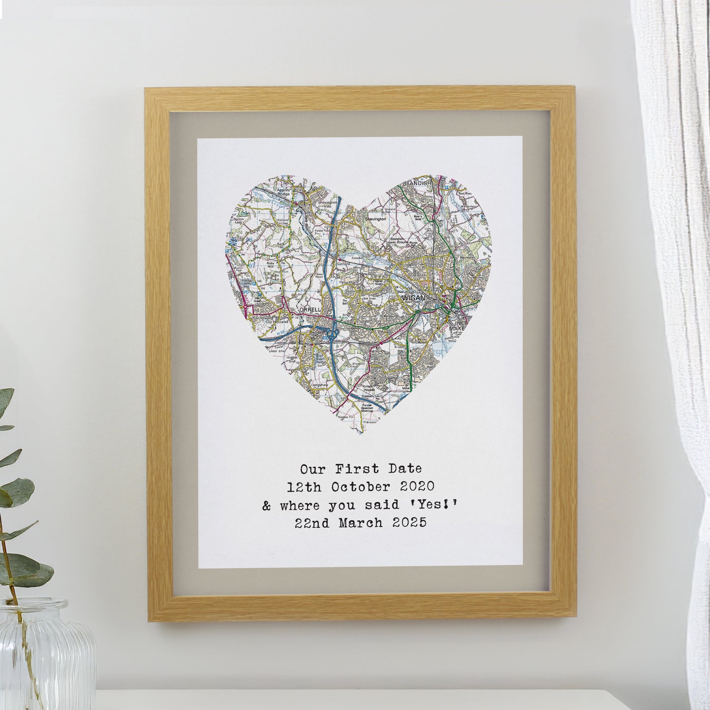 Personalised Present Day Map Heart Oak Poster Frame