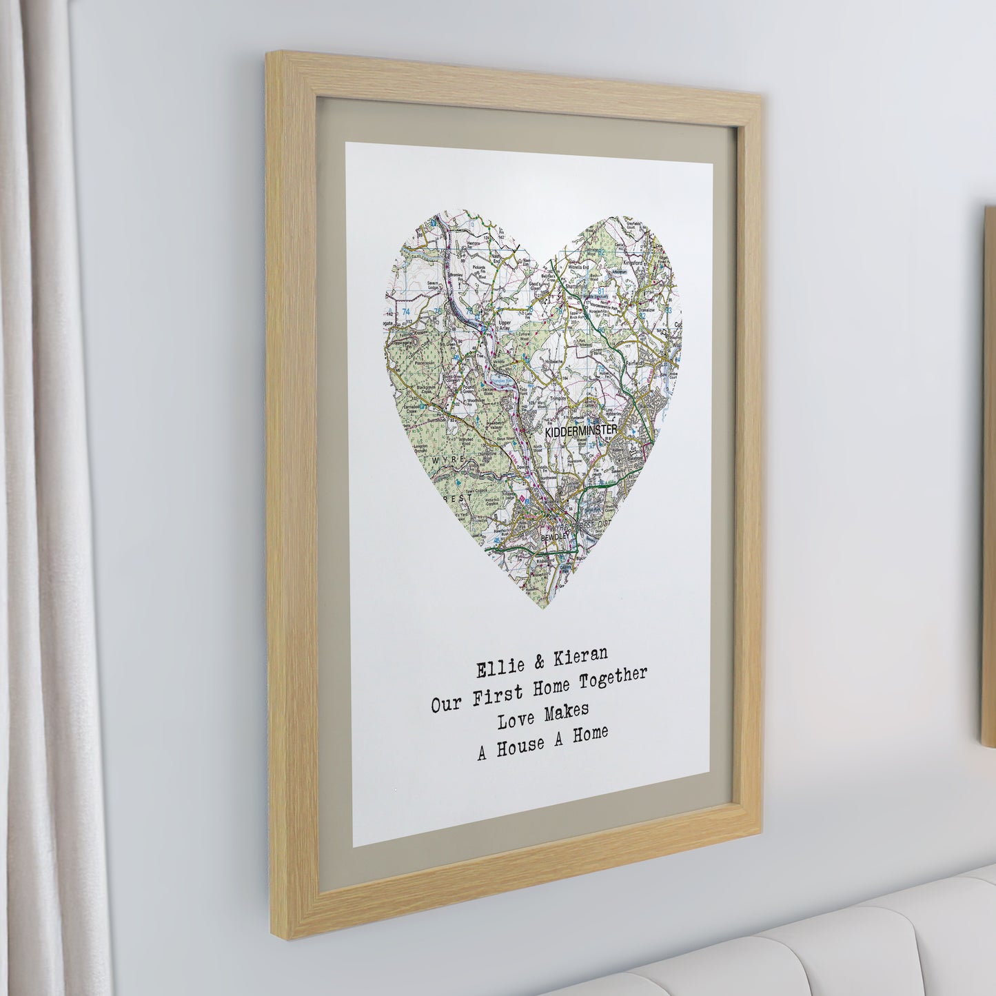 Personalised Present Day Map Heart Oak Poster Frame