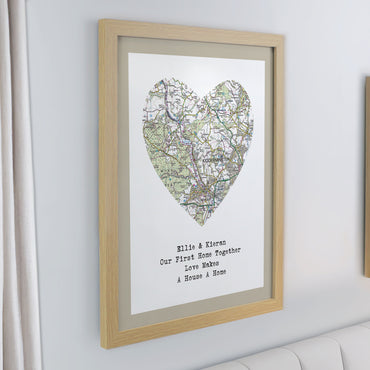 Personalised Present Day Map Heart Oak Poster Frame