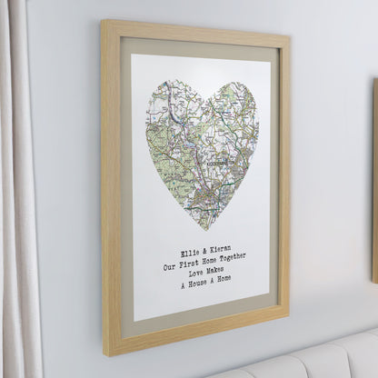 Personalised Present Day Map Heart Oak Poster Frame