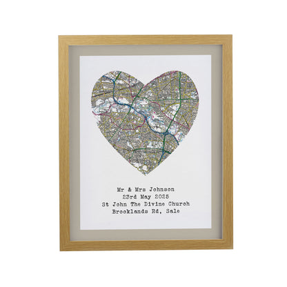 Personalised Present Day Map Heart Oak Poster Frame