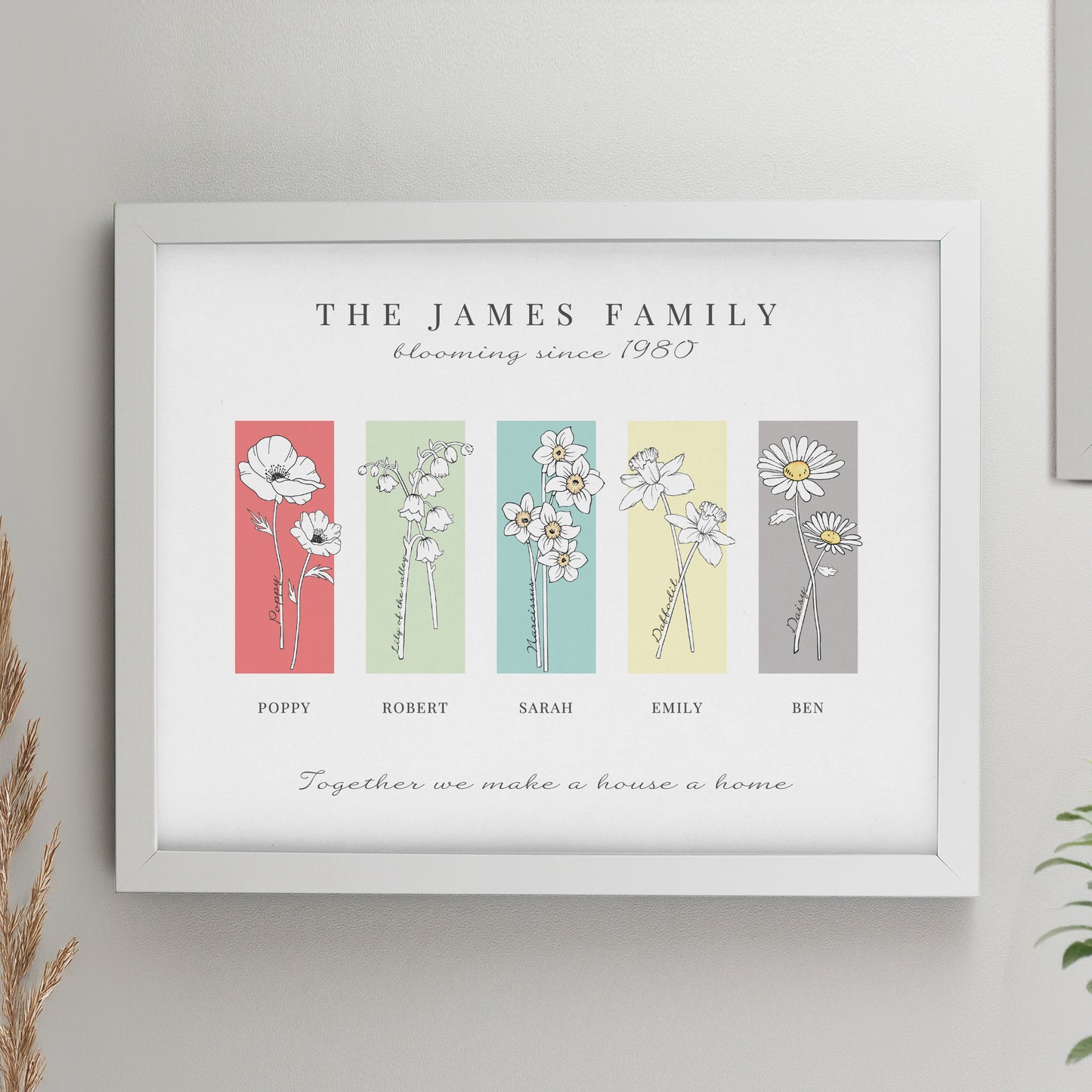 Personalised Birth Flower Family of 5 White Framed Print