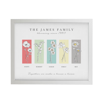 Personalised Birth Flower Family of 5 White Framed Print