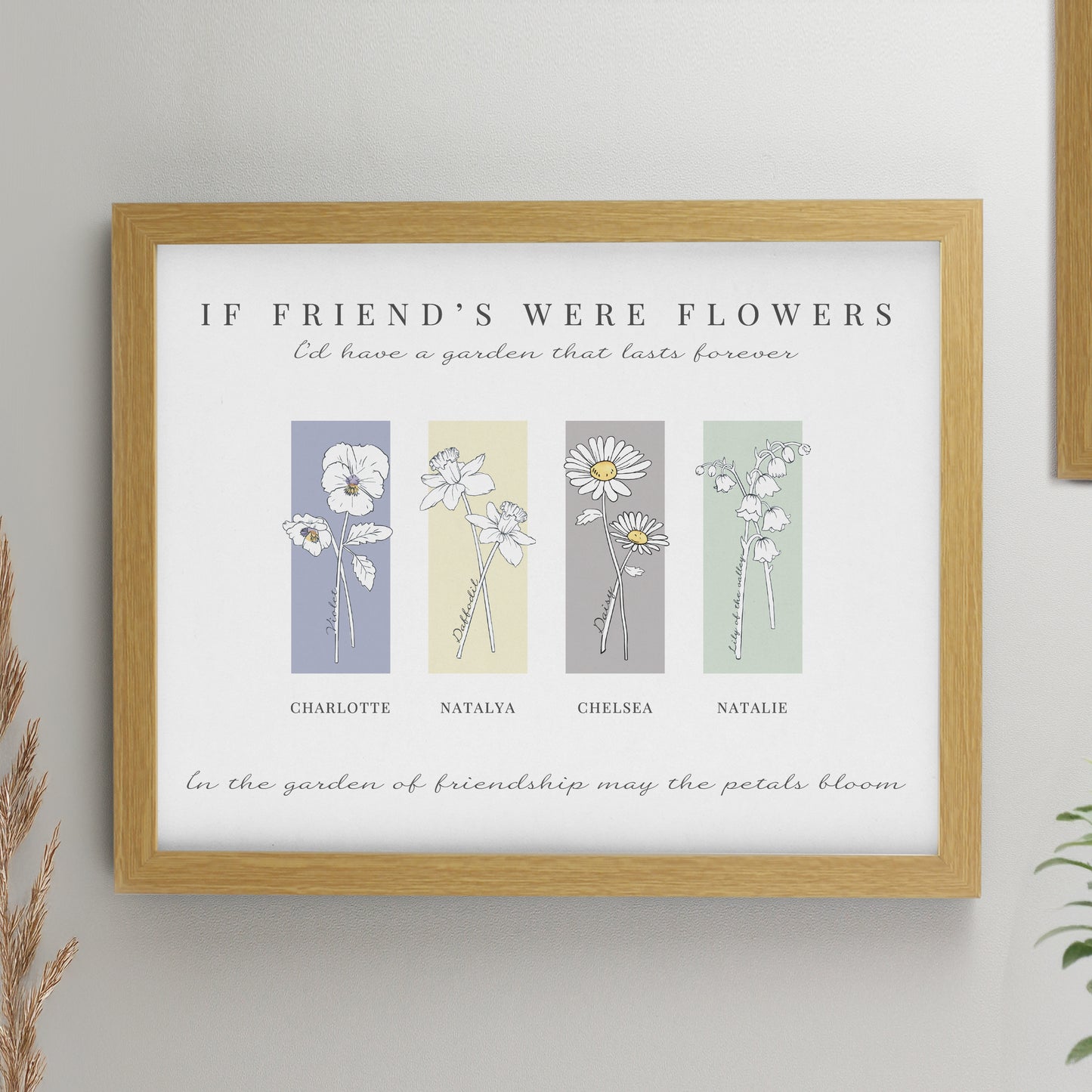 Personalised Birth Flower Family of 4 Oak Framed Print