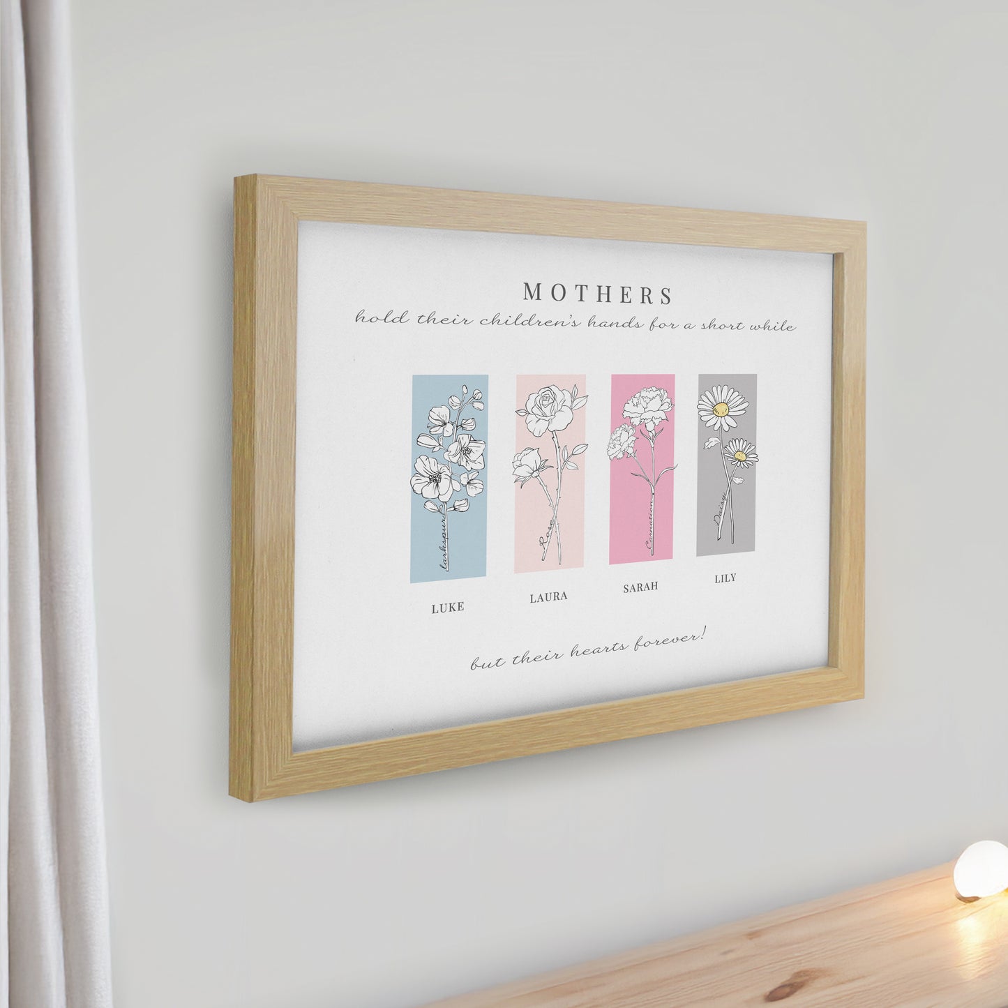 Personalised Birth Flower Family of 4 Oak Framed Print