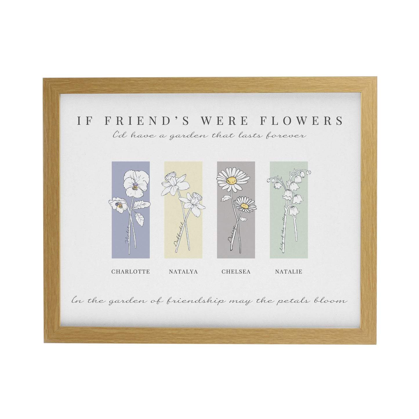 Personalised Birth Flower Family of 4 Oak Framed Print