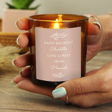 Personalised Pink Label Amber Glass Candle