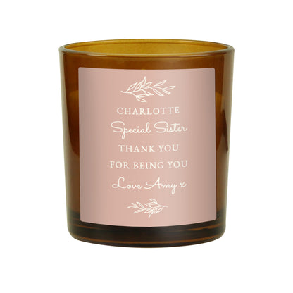 Personalised Pink Label Amber Glass Candle