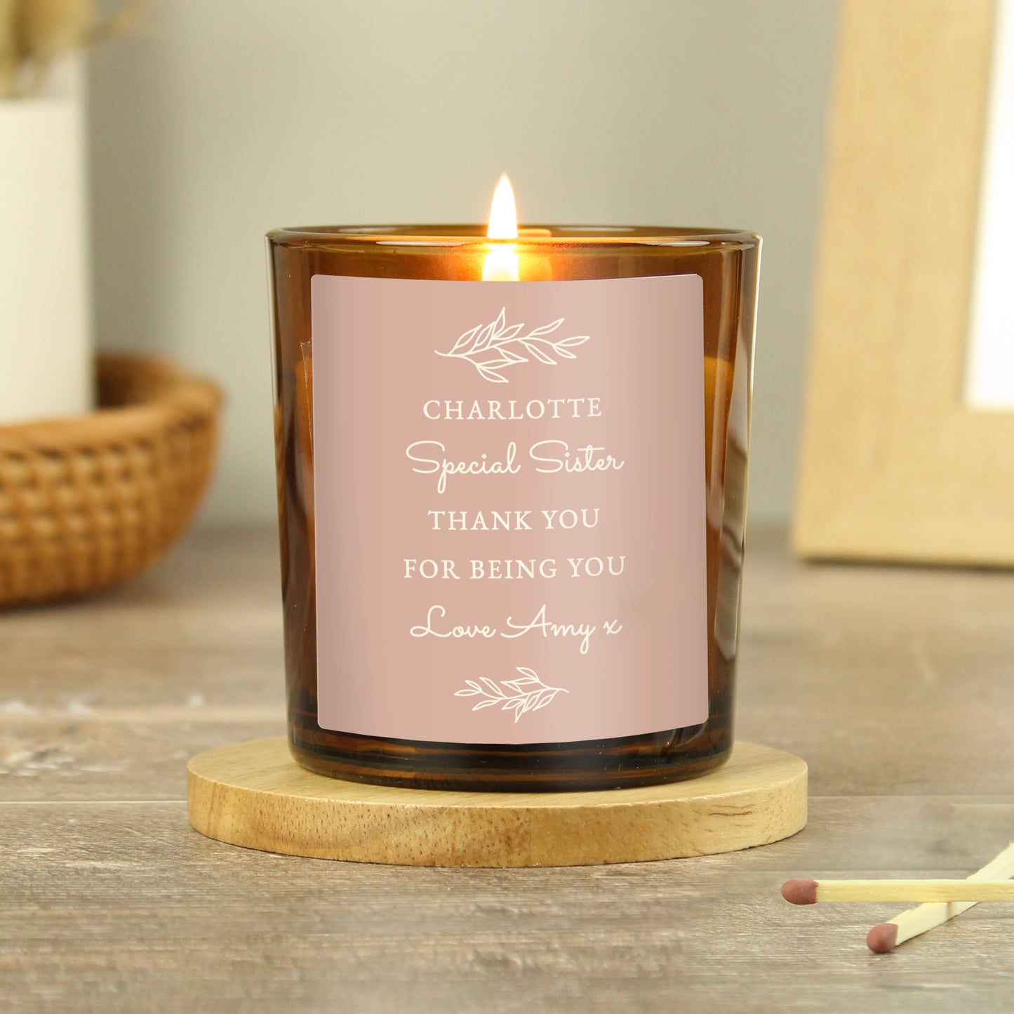 Personalised Pink Label Amber Glass Candle