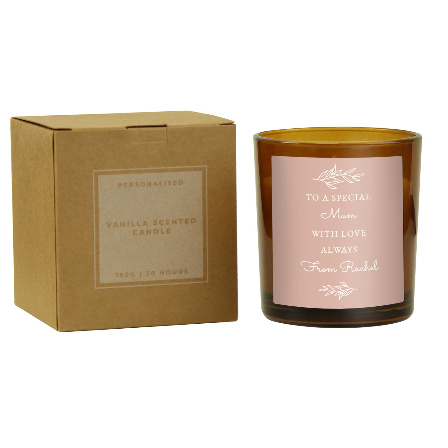 Personalised Pink Label Amber Glass Candle